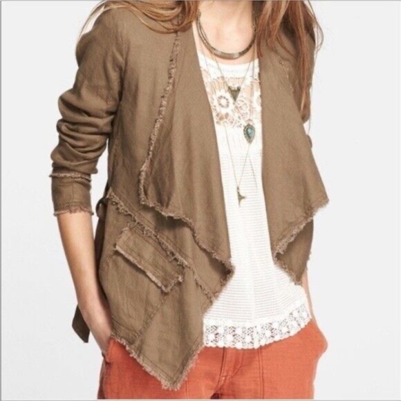 Free People Tan Waterfall Open Front Linen Buckle Raw Femme Jacket - Picture 11 of 11
